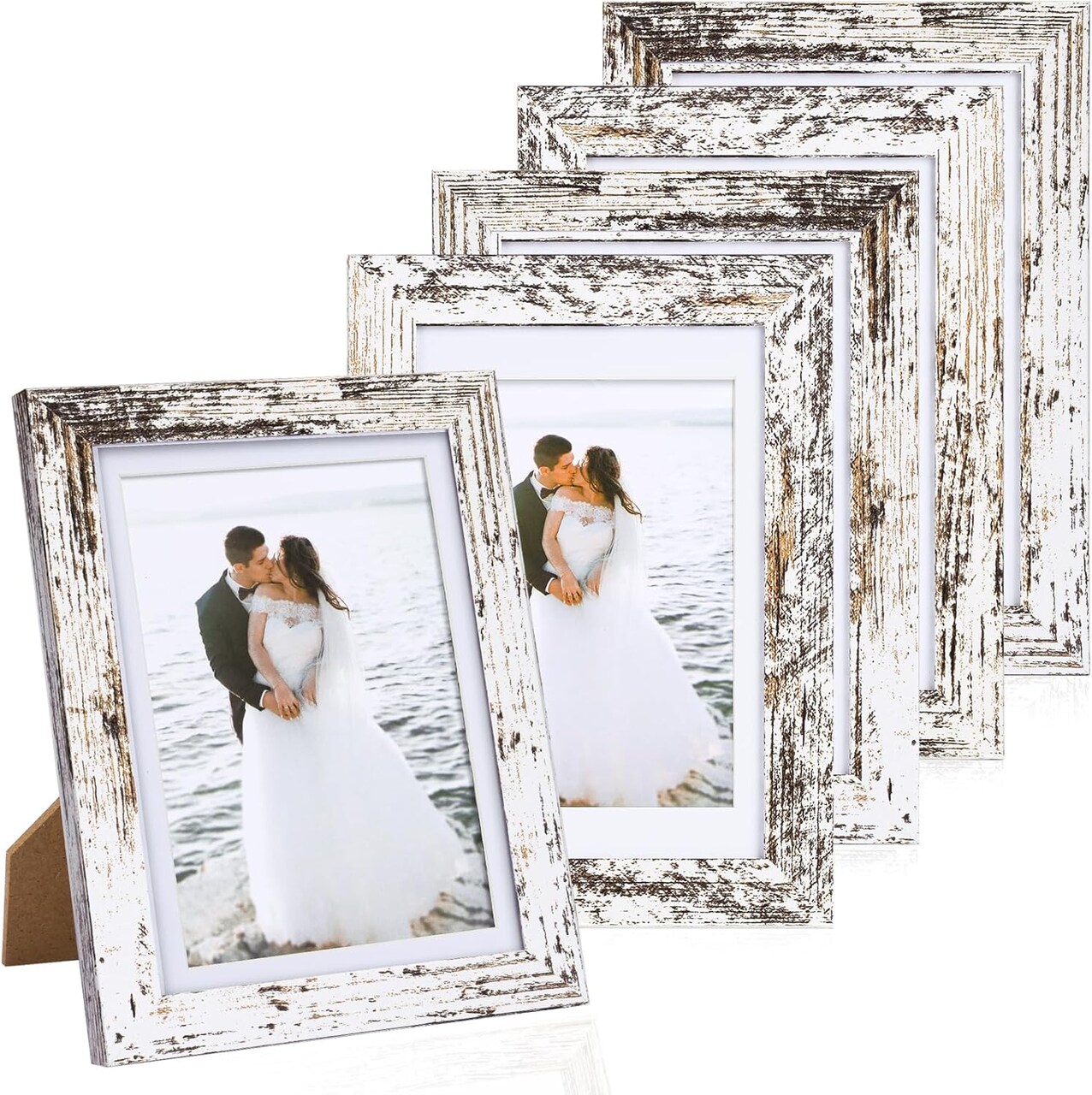 Pack of 5 - 5x7 Picture Frames with White Wood Grain and Glass Cover